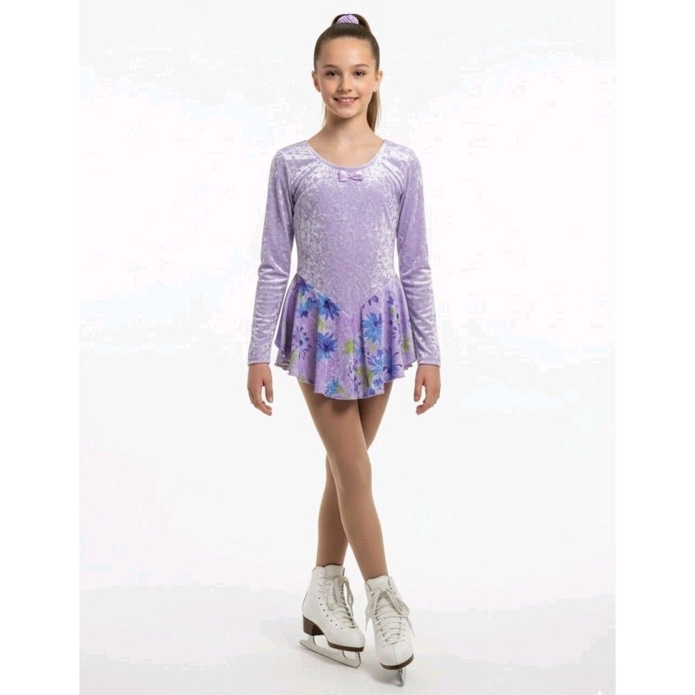Gilda Marx VTG Purple Floral Crushed Velvet Long Sleeve Leotard Dress Kids 12/14